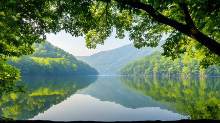 Poster - Serene asian carp in calm waters lush mountain lake nature landscape tranquil view