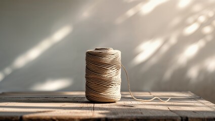 Poster - natural twine spool rests on rustic wooden table illuminated by soft sunlight with shadows casting a