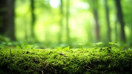 Poster - Vibrant green moss covering forest ground creating a serene atmosphere filled with nature : Generative AI