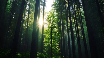 Aufkleber - Peaceful forest setting with sunlight filtering through tall trees illuminating the vibrant green foliage : Generative AI