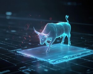 Poster - A stunning holographic bull presented on a digital interface, symbolizing finance and investment analysis. Perfect for tech and finance themes.