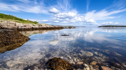 Poster - Crystal Clear Seascape with Tide Pools and Beautiful Clouds Above : Generative AI