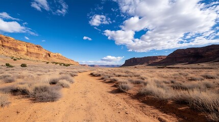 Poster - Expansive desert landscape with rugged terrain and cloudy sky inviting exploration and adventure : Generative AI