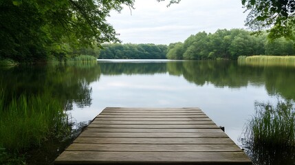 Poster - Serene view of calm lake surrounded by lush green trees and wooden deck in tranquil nature setting : Generative AI
