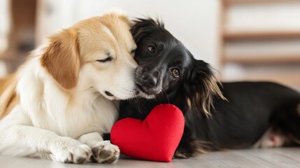 Poster - Two adorable dogs cuddling together with a plush heart toy in a cozy indoor setting : Generative AI