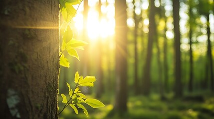 Canvas Print - Golden hour sunlight filtering through lush greenery in tranquil forest : Generative AI