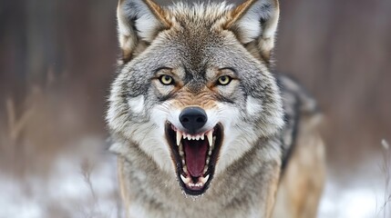 Poster - Vibrant closeup of a fierce wolf displaying its teeth in the wild showcasing its powerful presence : Generative AI