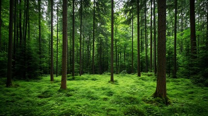 Poster - Vibrant forest scene filled with tall trees and lush green ground cover creating a scenic natural landscape : Generative AI