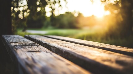 Fototapete - Sunlight Streaming Through Trees onto a Rustic Wooden Bench in a Peaceful Outdoor Setting : Generative AI