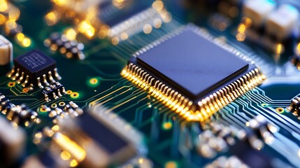 Aufkleber - Close-up detail of a sophisticated microchip showcasing electronic components and bright lights : Generative AI