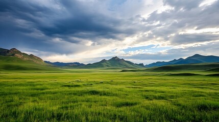 Poster - Vast green plains with rolling hills and dramatic clouds under a beautiful sunset : Generative AI