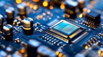 Poster - Stunning Close Up of a Microprocessor on a Circuit Board with Glowing Lights : Generative AI