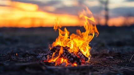 Aufkleber - Captivating flames dancing from burning logs during a serene sunset creating a warm and cozy atmosphere : Generative AI