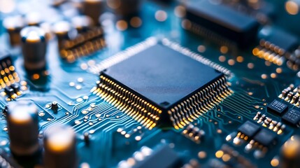 Poster - Macro Photography of a Microprocessor on a Computer Circuit Board Highlighting Its Intricate Design : Generative AI