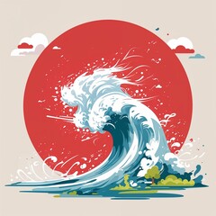 Poster - gust of wind on plain red background childish style illustration