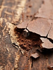 Poster - Rich cocoa powder scattered on rustic wooden table surface for baking or cooking : Generative AI