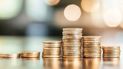 Poster - Stack of Shiny Coins on Table Surrounded by Soft Bokeh Lighting : Generative AI