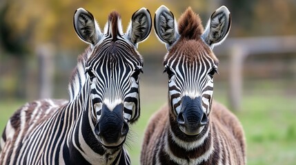 Aufkleber - Two adorable zebras standing close together in a green grassy field showcasing their striking black and white stripes : Generative AI