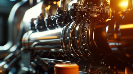 Poster - Industrial equipment showcase close-up of engine components manufacturing facility technical photography bright lighting macro view engineering insights