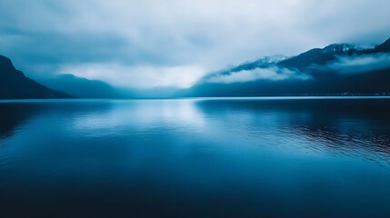 Poster - Serene view of a tranquil lake under cloudy skies surrounded by majestic mountains and calm waters : Generative AI