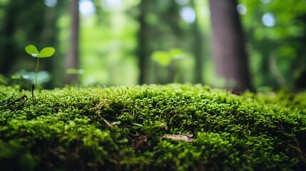 Poster - Lush green moss covering the forest floor with small plants creating a vibrant ecosystem of life : Generative AI