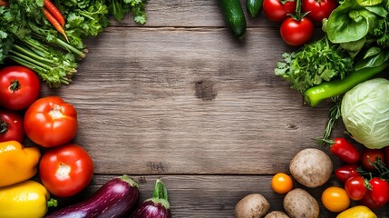 Poster - Freshly harvested colorful vegetables arranged beautifully on rustic wooden background : Generative AI