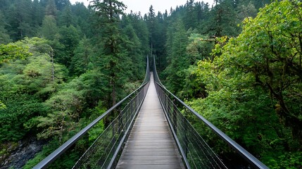 Aufkleber - Suspension bridge winding through verdant forest trees capturing the essence of nature : Generative AI