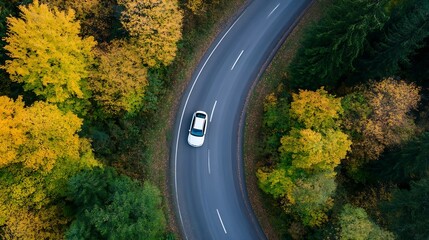 Aufkleber - Aerial View of a White Car Driving Along a Winding Road Surrounded by Autumn Foliage : Generative AI