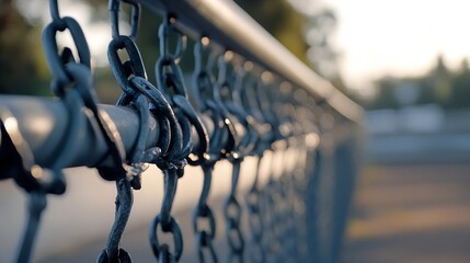 Poster - Closeup view of chain link fence showing detailed structure and sunlight reflections : Generative AI