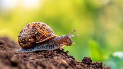 Poster - An exquisite closeup shot of a snail slowly climbing a dirt mound in a vibrant green setting : Generative AI