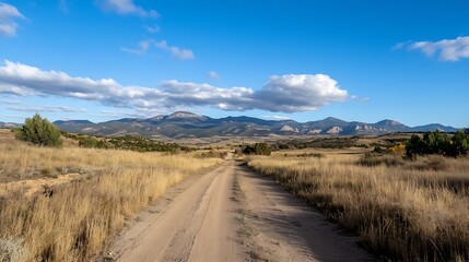 Aufkleber - Rustic Dirt Road Surrounded by Golden Grassland and Mountains : Generative AI