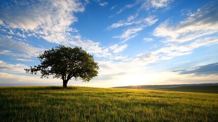 Aufkleber - Stunning sunrise over a solitary tree standing tall in a lush green field under an expansive sky : Generative AI
