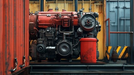 Poster - Industrial engine overhaul in a shipping container heavy machinery workshop environment close-up view mechanical engineering insights
