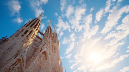 Poster - Stunning architectural details of Sagrada Familia in Barcelona showcasing gothic style against a beautiful sky : Generative AI