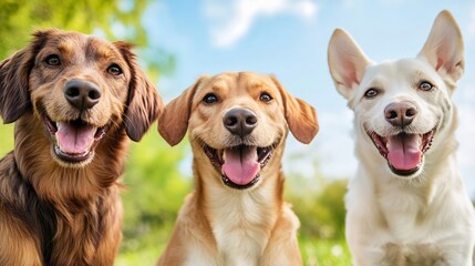Poster - Joyful trio of smiling dogs basking in the sunlight against a clear blue sky creating a heartwarming scene : Generative AI