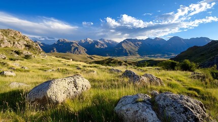 Poster - Stunning panoramic view of mountains under a vibrant blue sky with fluffy clouds and grassy foreground : Generative AI