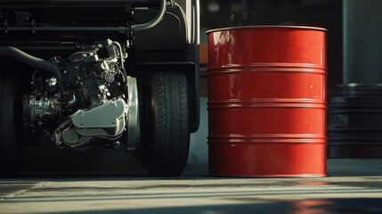 Poster - Automotive engine and red oil drum in industrial setting close-up view high detail mechanical concept for automotive industry insights