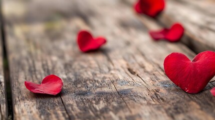 Aufkleber - Romantic scene of scattered red rose petals on rustic wooden surface for special moments : Generative AI
