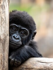 Poster - Young Gorilla Peering Around a Tree Trunk with Curious Expression Captured in Nature : Generative AI