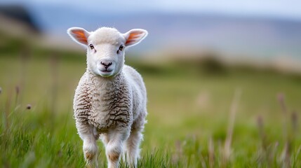 Poster - Cute Fuzzy Lamb Walking on Green Grass in a Beautiful Pastoral Landscape : Generative AI