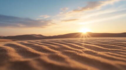 Poster - Stunning desert sunset view over rolling sand dunes with warm golden sunlight illuminating the landscape : Generative AI