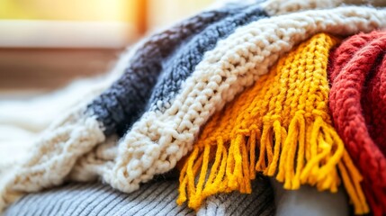 Poster - Warm and colorful knitted blankets folded and arranged stylishly indoors : Generative AI