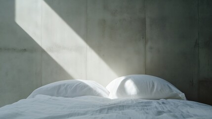 Aufkleber - Minimalist Bedroom with White Pillows and Soft Light Highlighting the Concrete Wall : Generative AI