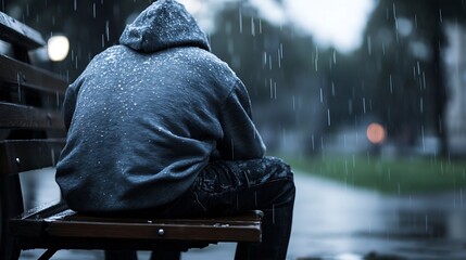 Poster - Lonely Figure in a Hoodie Sitting on a Bench Under Falling Rain : Generative AI