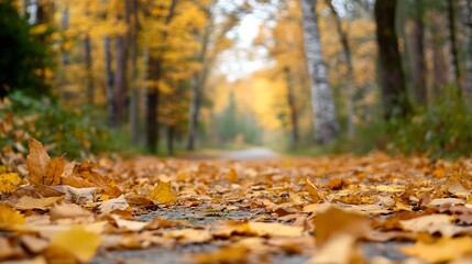 Poster - Scenic autumn landscape filled with vibrant foliage and leaves along a tranquil path : Generative AI