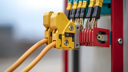 Leinwandbilder - Close up of a Professional Metal Wire Crimping Tool Attaching Electrical Connectors to Multicolored Electrical Cables for Installation or Repair Work