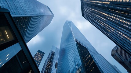 Wall Mural - Dramatic view of towering skyscrapers revealing a cloudy sky and modern urban architecture : Generative AI