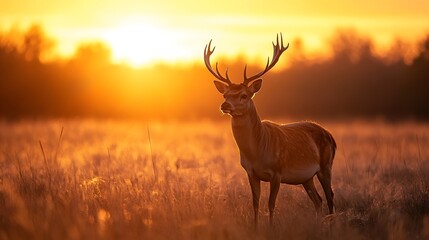 Fototapete - Majestic deer standing in a golden field during sunrise highlighting nature's beauty : Generative AI