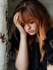 Aufkleber - Melancholic young woman expressing emotions with hands on her forehead illuminated in soft light : Generative AI