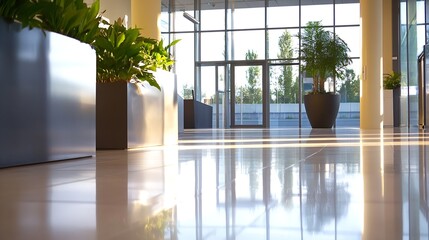 Poster - Modern Lobby Interior with Bright Sunlight and Indoor Plants : Generative AI